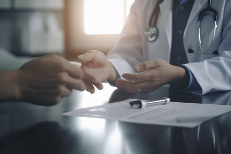 Close-up view of doctors' hands during medication treatment discussionの素材