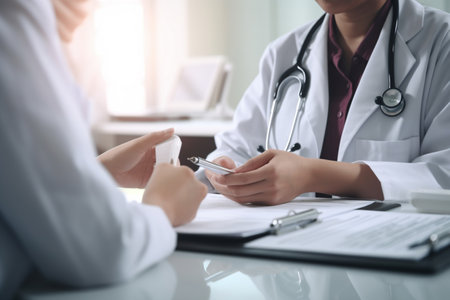 Close-up view of doctors' hands during medication treatment discussionの素材