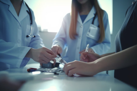 Close-up view of doctors' hands during medication treatment discussionの素材