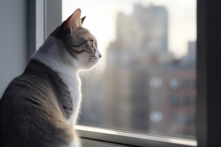 A cat sits at a window and looks out at the skyscrapers of a big cityの素材