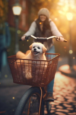 A small dog enjoying a ride through a busy city park on a bike basketの素材