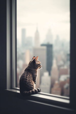 A cat sits at a window and looks out at the skyscrapers of a big cityの素材