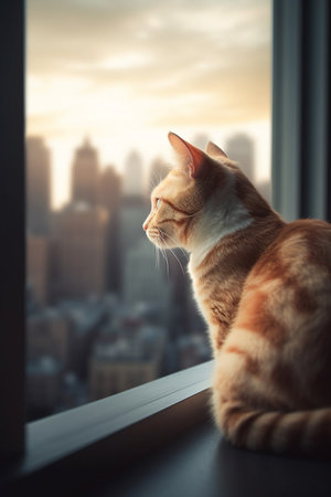 A cat sits at a window and looks out at the skyscrapers of a big cityの素材