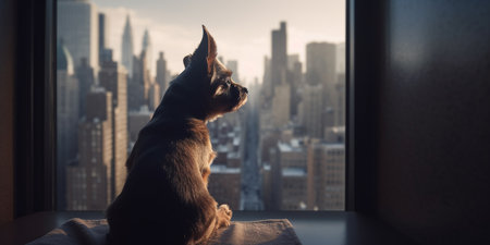 A dog sitting by a window in a skyscraper, gazing wistfully at the bustling cityscape below.の素材