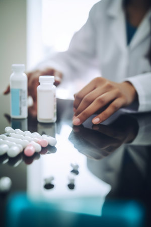 Close-up view of doctors' hands during medication treatment discussionの素材