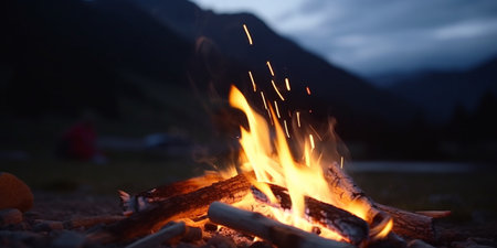 Warm flames and crackling wood under a starry sky at the campsiteの素材