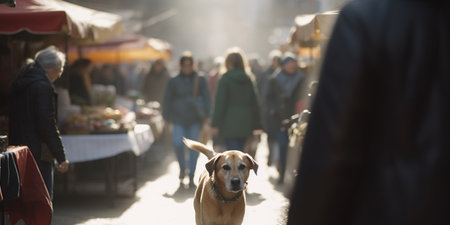 A dog lost in the crowd of a busy market, looking for its ownerの素材