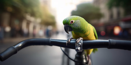 A playful parrot adds a touch of whimsy to the cityscape as it perches on a bicycle handlebar.の素材
