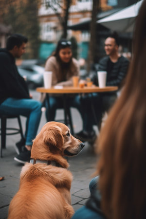 A well-behaved dog sits among patrons at an outdoor city eatery, waiting patiently for his owner's return.の素材