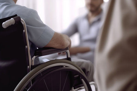 A patient in a wheelchair discussing medical treatment with a doctorの素材