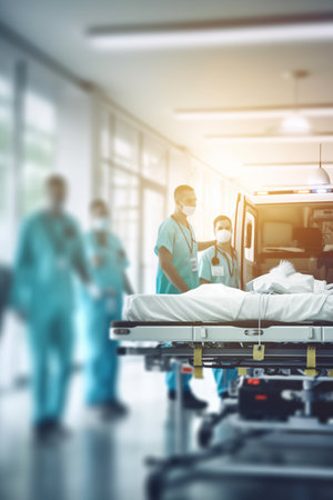 A team of doctors is aiding the transfer of patients on stretchers in the emergency room during a medical emergency.の素材