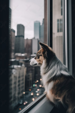A dog sitting by a window in a skyscraper, gazing wistfully at the bustling cityscape below.の素材