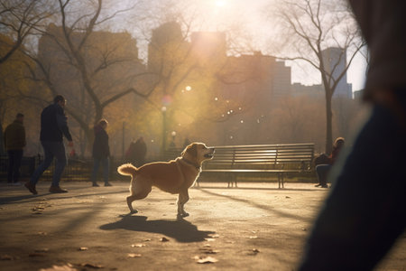 A dog and its owner having fun playing catch in a parkの素材
