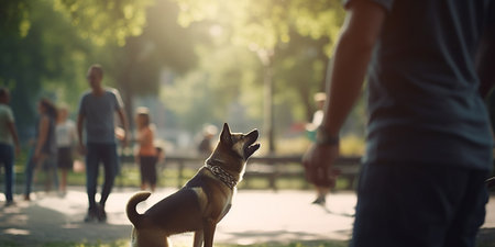 A dog and its owner having fun playing catch in a parkの素材