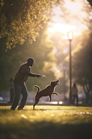 A dog and its owner having fun playing catch in a parkの素材