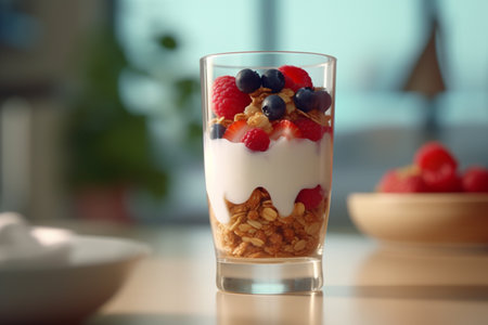 Indulge in a deliciously layered yogurt parfait with mixed berries and crunchy granolaの素材