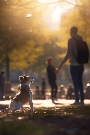 A dog and its owner having fun playing catch in a parkの素材