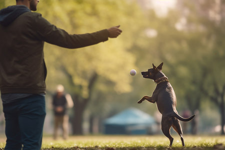A dog and its owner having fun playing catch in a parkの素材