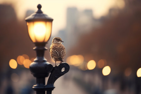 A beautiful bird perched on a lamp post in a bustling city, capturing the essence of the coexistence of nature and urban life.の素材