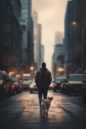 A man and his dog taking a walk at sunset amidst towering skyscrapers in the city.の素材