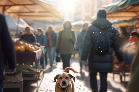 A dog lost in the crowd of a busy market, looking for its ownerの素材