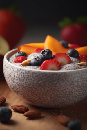 A bowl of creamy chia seed pudding topped with colorful fresh fruits, a delicious and healthy breakfast choiceの素材