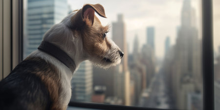 A dog sitting by a window in a skyscraper, gazing wistfully at the bustling cityscape below.の素材