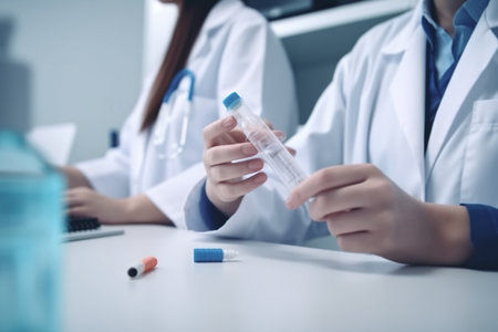 Close-up view of doctors' hands during medication treatment discussionの素材