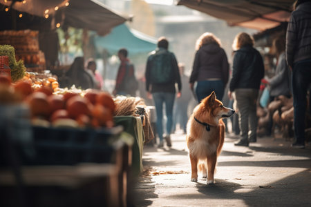 A dog lost in the crowd of a busy market, looking for its ownerの素材
