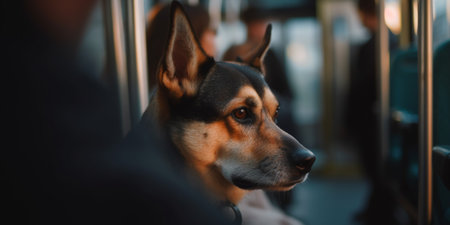 A dog calmly sits among a crowd of people in a streetcar, resting on his owner's lapの素材