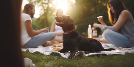 A dog basks in the sun among people and picnic blankets on a warm sunny day.の素材