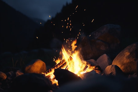 Warm flames and crackling wood under a starry sky at the campsiteの素材