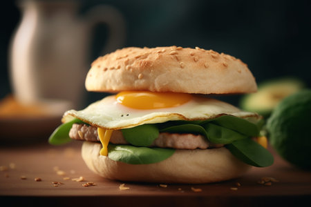Fresh and filling avocado, spinach, and fried egg sandwich on a brioche bunの素材