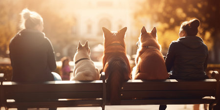 A group of dogs and their owners spending quality time on a park bench in the cityの素材