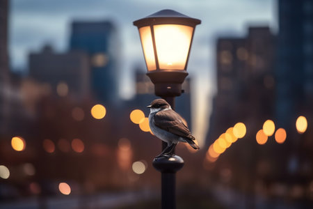 A beautiful bird perched on a lamp post in a bustling city, capturing the essence of the coexistence of nature and urban life.の素材