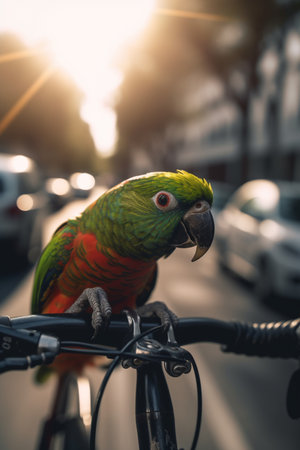 A playful parrot adds a touch of whimsy to the cityscape as it perches on a bicycle handlebar.の素材