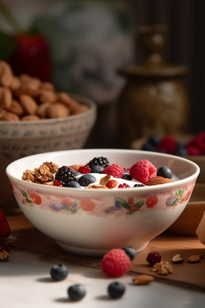 A delicious and healthy breakfast bowl filled with crunchy granola, creamy yogurt, and sweet, juicy berries.の素材
