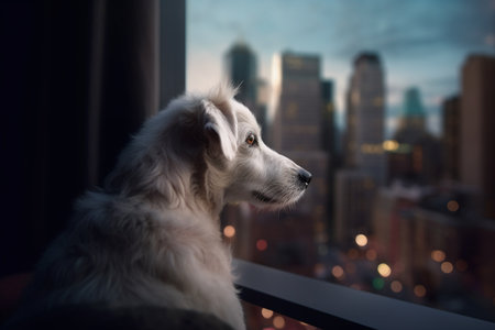 A dog sitting by a window in a skyscraper, gazing wistfully at the bustling cityscape below.の素材