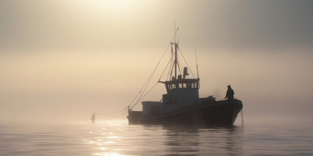 A peaceful scene of a fishing boat drifting on the ocean, surrounded by morning mist, as the sun rises in the distance.の素材