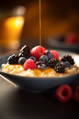 A bowl of oatmeal cereal topped with fresh red and black berriesの素材