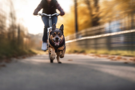 A dog running with its owner on a bike path in the city, pure joy on their facesの素材