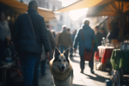 A dog lost in the crowd of a busy market, looking for its ownerの素材