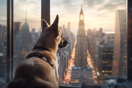 A dog sitting by a window in a skyscraper, gazing wistfully at the bustling cityscape below.の素材