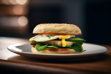 Fresh and filling avocado, spinach, and fried egg sandwich on a brioche bunの素材