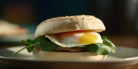 Fresh and filling avocado, spinach, and fried egg sandwich on a brioche bunの素材