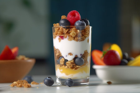 Indulge in a deliciously layered yogurt parfait with mixed berries and crunchy granolaの素材