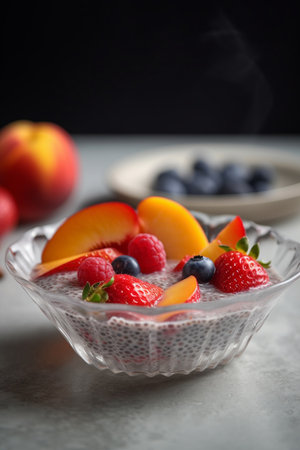 A bowl of creamy chia seed pudding topped with colorful fresh fruits, a delicious and healthy breakfast choiceの素材