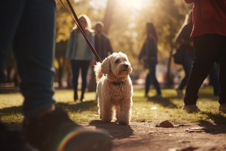 A man and his dog take a leisurely walk on a busy sunny day in the park.の素材