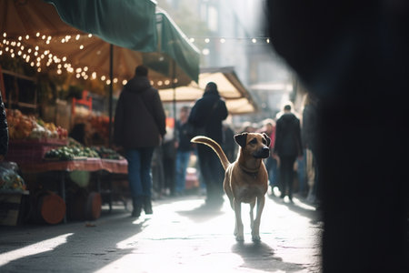 A dog lost in the crowd of a busy market, looking for its ownerの素材