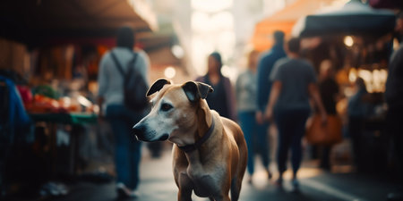 A dog lost in the crowd of a busy market, looking for its ownerの素材
